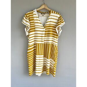 Laurel Grey Dress Size L Mustard‎ Yellow Stripe Linen Blend V-Neck Resort Cruise